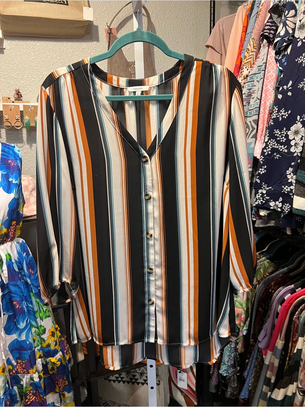 Maurices Vertical Stripe Button-Front Blouse - Black, Rust & Cream